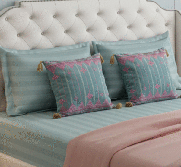 Blue Striped 6 pcs Luxury Complete Bedding Set | Bedsheet, Comforter and Cushion Cover - Image 9