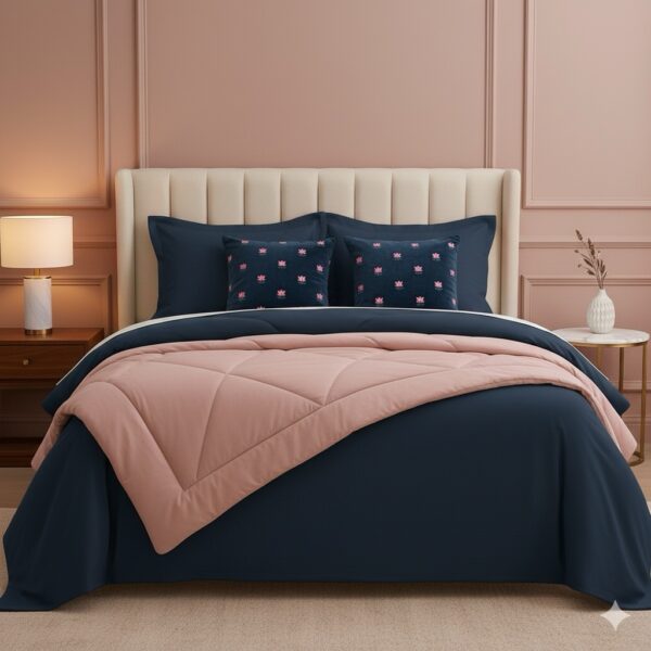 Blue 6 pcs Luxury Complete Bedding Set | Bedsheet, Comforter and Cushion Cover - Image 2