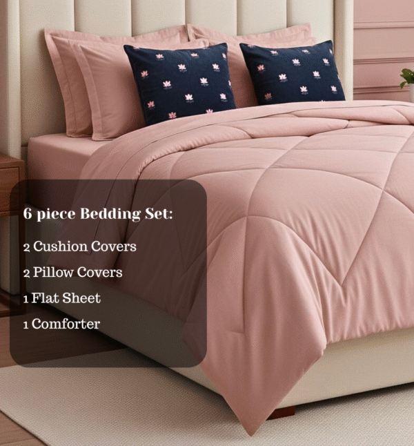 Pink 6 pcs Luxury Complete Bedding Set | Bedsheet, Comforter and Cushion Cover - Image 2
