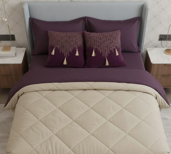 Plum beige 6 pcs Luxury Complete Bedding Set | Bedsheet, Comforter and Cushion Cover Copy - Image 2