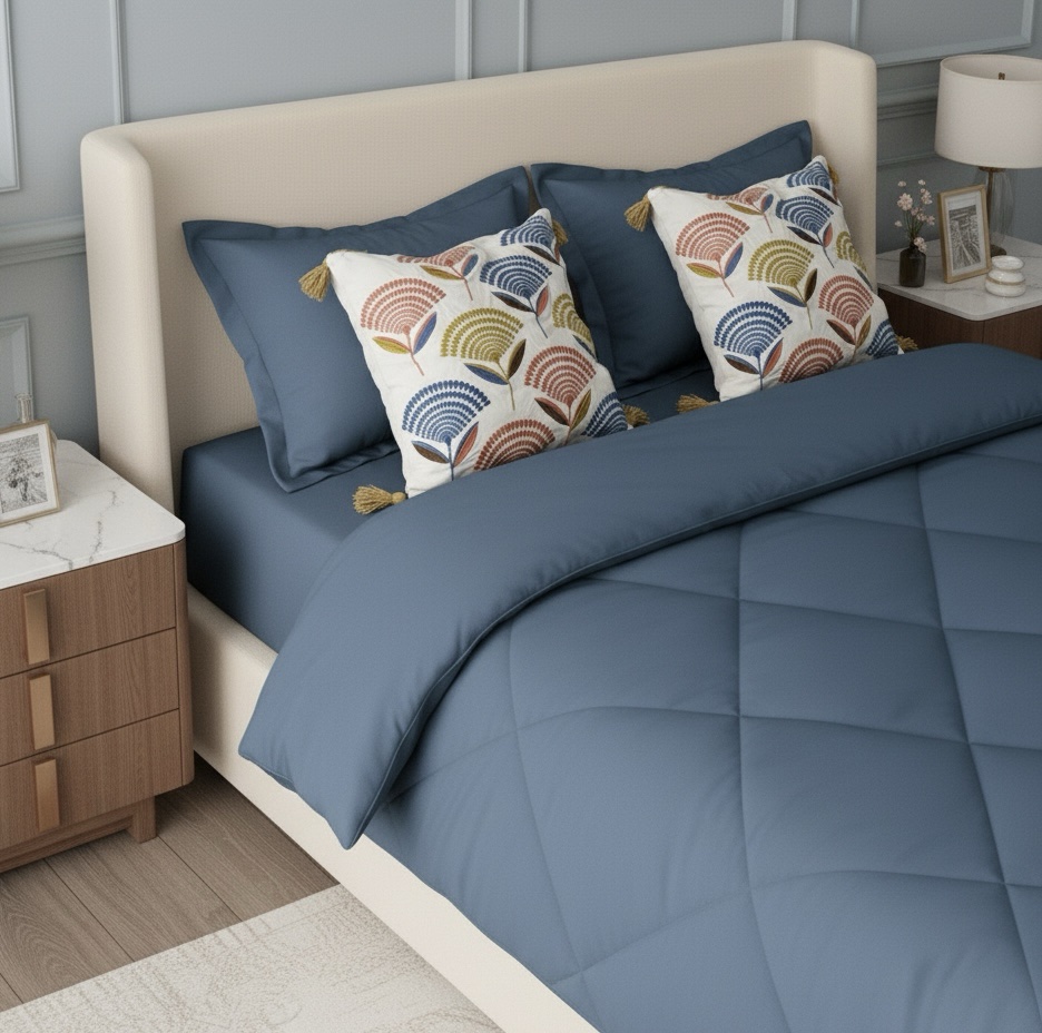 Provence blue 6 pcs Luxury Complete Bedding Set | Bedsheet, Comforter and Cushion Cover - Image 3