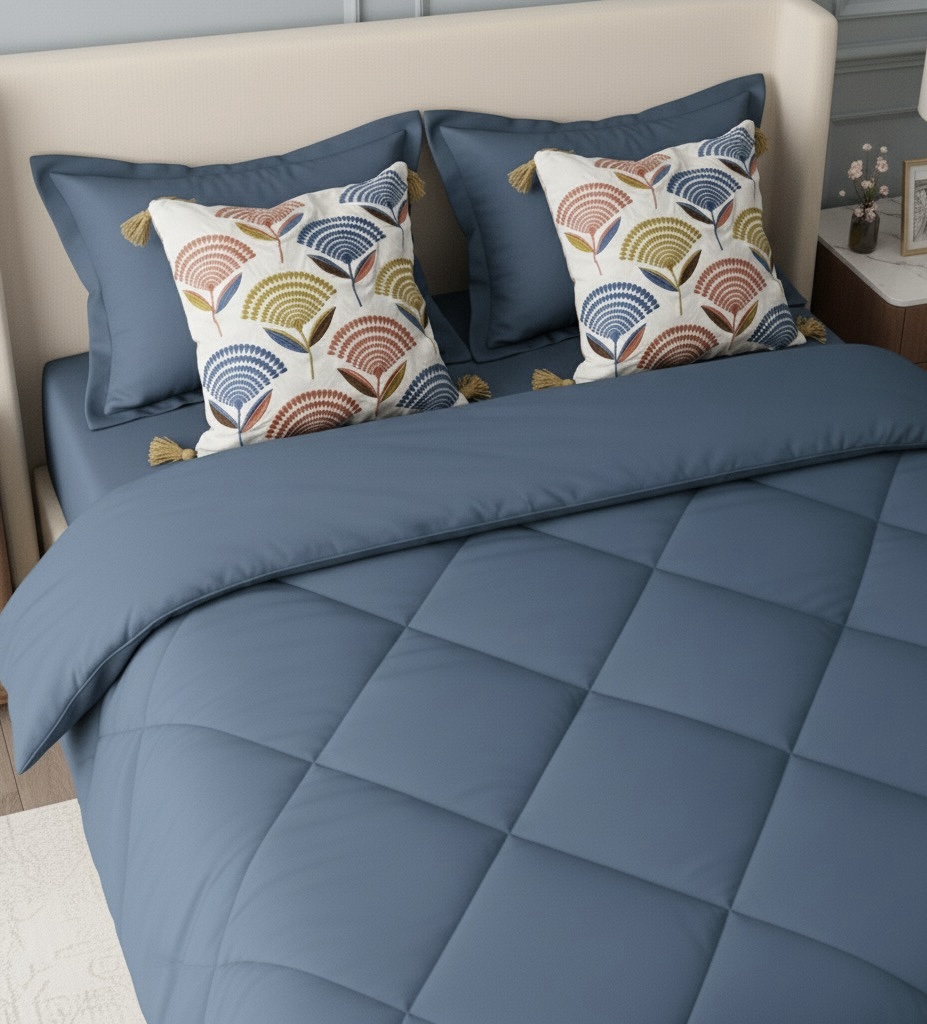 Provence blue 6 pcs Luxury Complete Bedding Set | Bedsheet, Comforter and Cushion Cover - Image 2