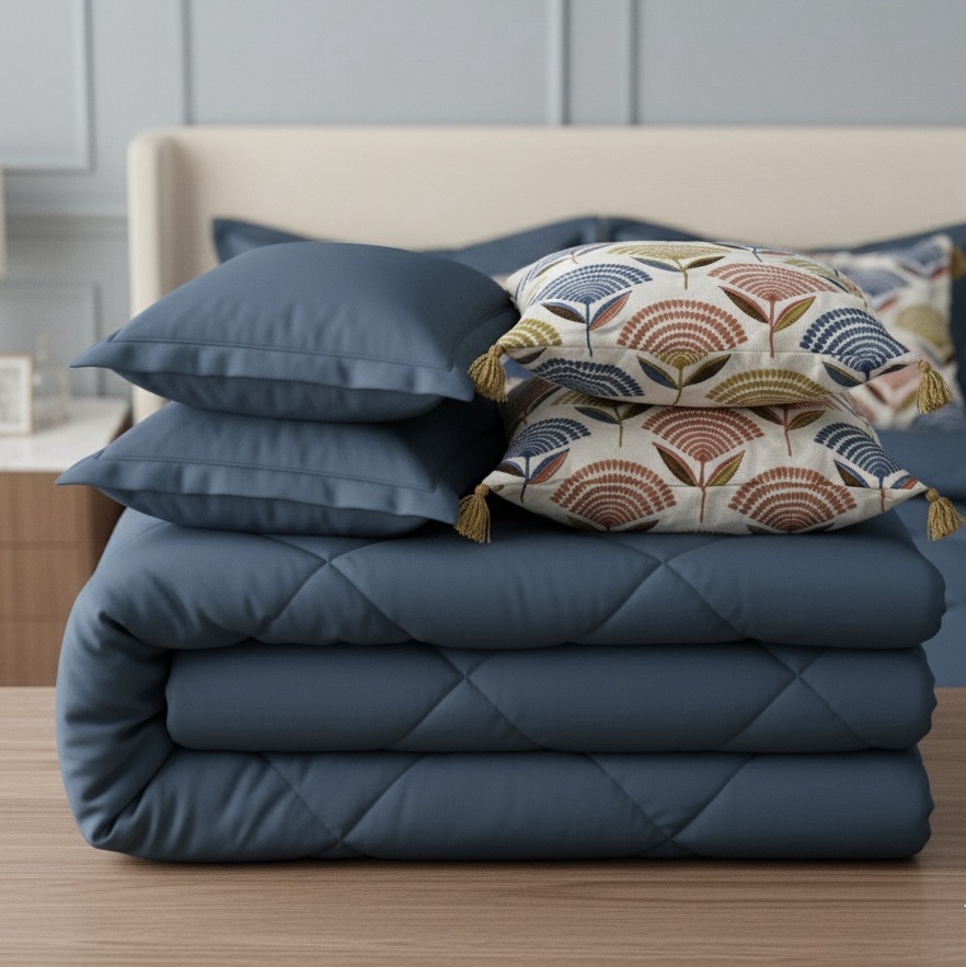 Provence blue 6 pcs Luxury Complete Bedding Set | Bedsheet, Comforter and Cushion Cover - Image 11