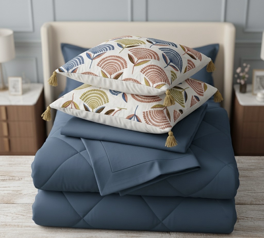 Provence blue 6 pcs Luxury Complete Bedding Set | Bedsheet, Comforter and Cushion Cover - Image 5