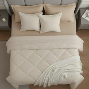 Ivory beige 6 pcs Luxury Complete bedding Set | Bedsheet, Comforter and Cushion Cover