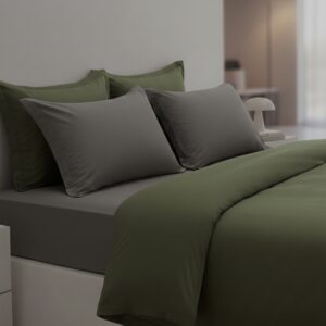 Olive and Dark Grey 6 pcs Luxury Complete bedding Set | Bedsheet, Duvet Cover set