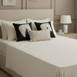 6 pcs Ivory Black Bedding Set | Bedsheet, Throw pillow cover and 2 Cushion Covers