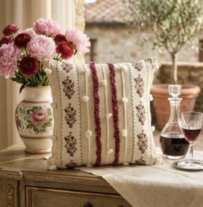 Embroidered Floral Boho Cushion Cover with Tufted Pom-Pom | 16” x 16”