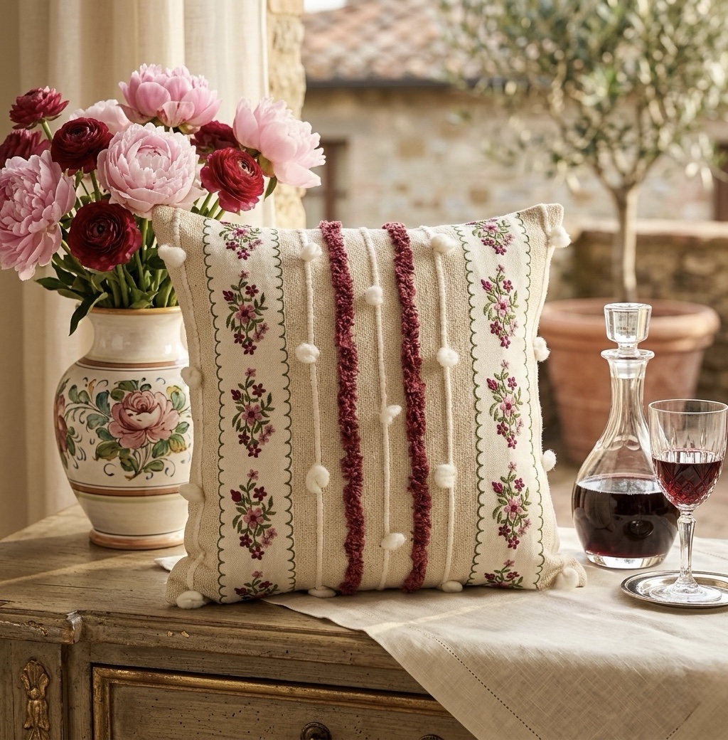 Embroidered Floral Boho Cushion Cover with Tufted Pom-Pom | 16” x 16”