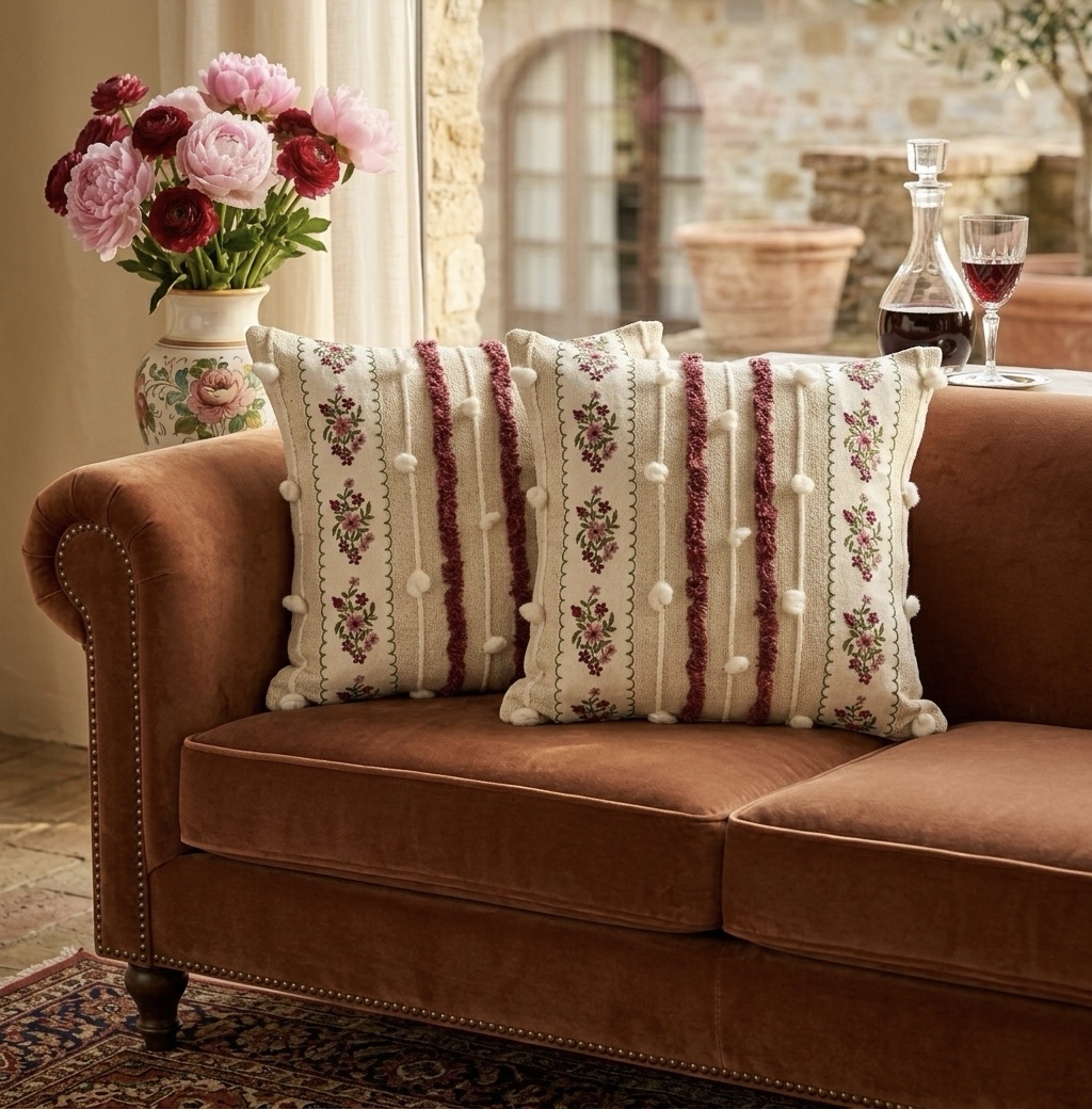 Embroidered Floral Boho Cushion Cover with Tufted Pom-Pom | 16” x 16” - Image 2