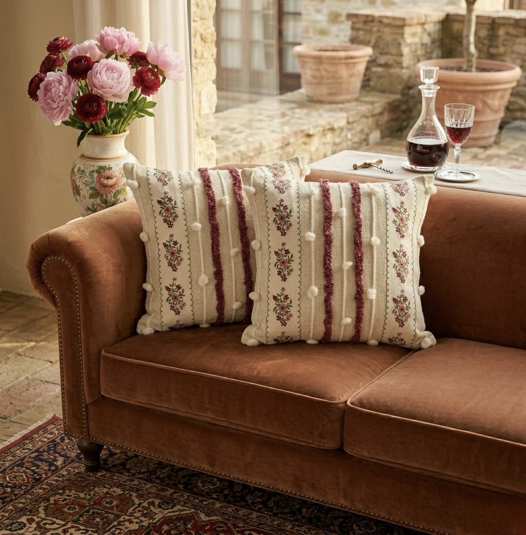 Embroidered Floral Boho Cushion Cover with Tufted Pom-Pom | 16” x 16” - Image 5