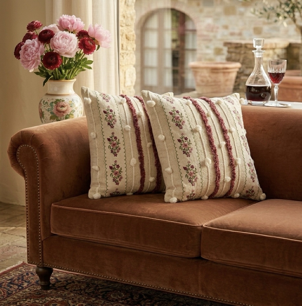 Embroidered Floral Boho Cushion Cover with Tufted Pom-Pom | 16” x 16” - Image 4