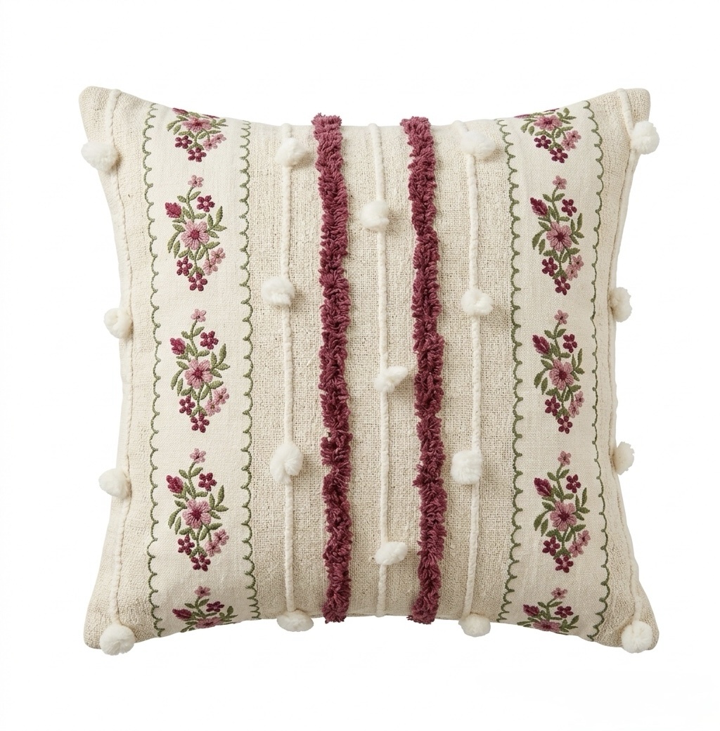 Embroidered Floral Boho Cushion Cover with Tufted Pom-Pom | 16” x 16” - Image 3