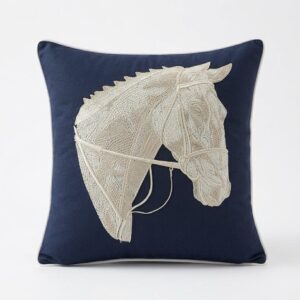 Navy Blue Horse Cushion Cover with white piping | 16” x 16”