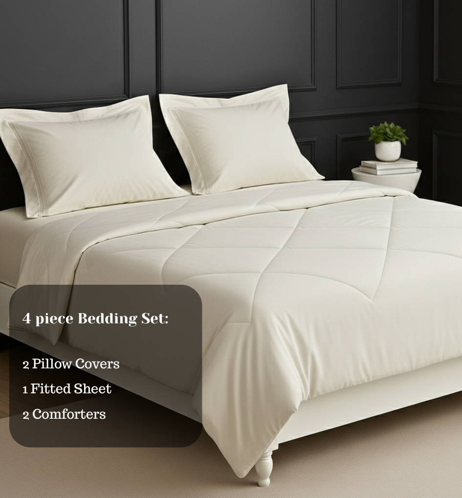 Ivory 4 pcs Luxury Complete Bedding Set | Bedsheet and 2 single Comforter - Image 2