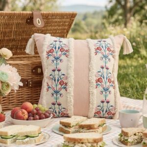 Pastel Pink floral embroidered cushion cover with tassel | 16” x 16”