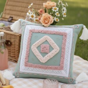 Boho Tufted Embroidered Cushion Cover – Sage Green and Blush Pink with Tassels | 16” x 16”