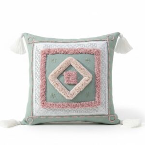 Boho Tufted Embroidered Cushion Cover – Sage Green and Blush Pink with Tassels | 16” x 16”