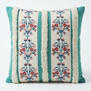 Green  floral embroidered cushion cover | 16” x 16”