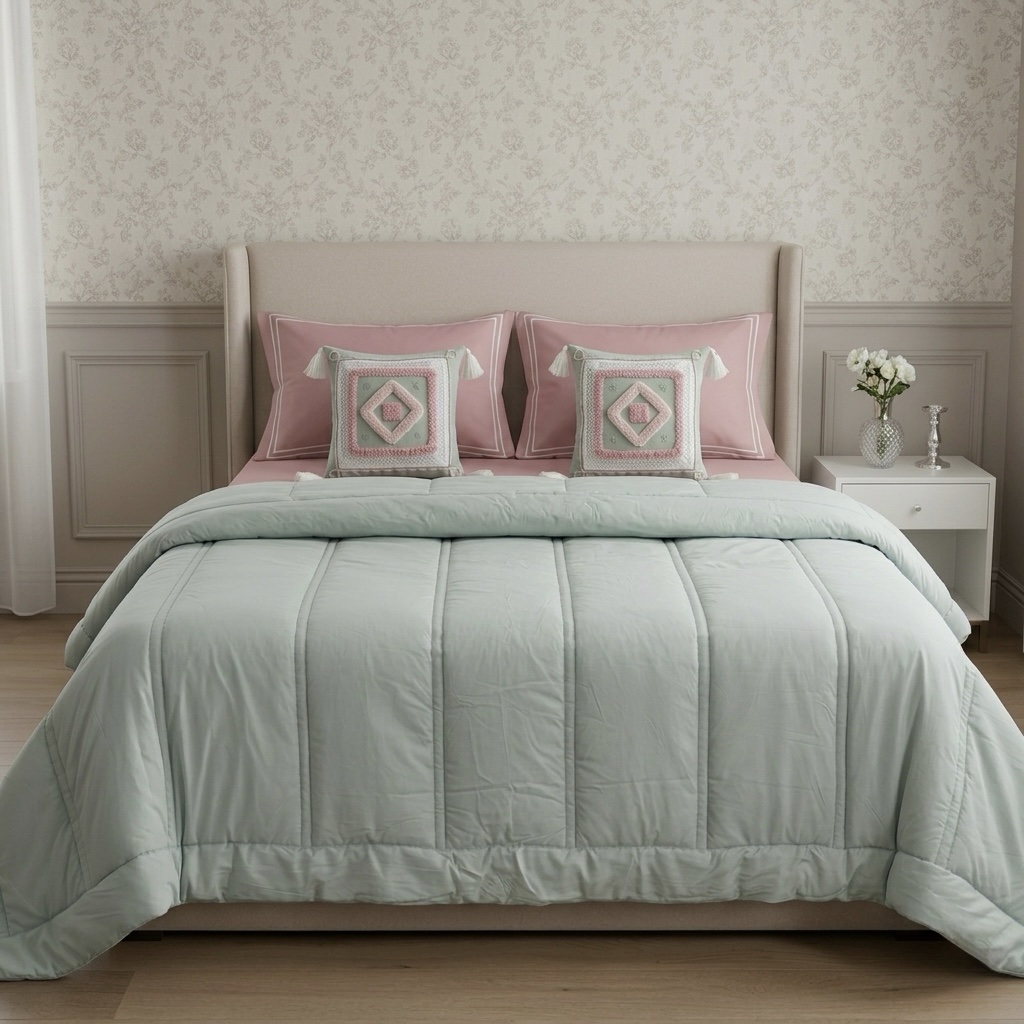 6 pcs Pastel Green Pink Bedding Set | Bedsheet, Comforter and Cushion Cover - Image 29
