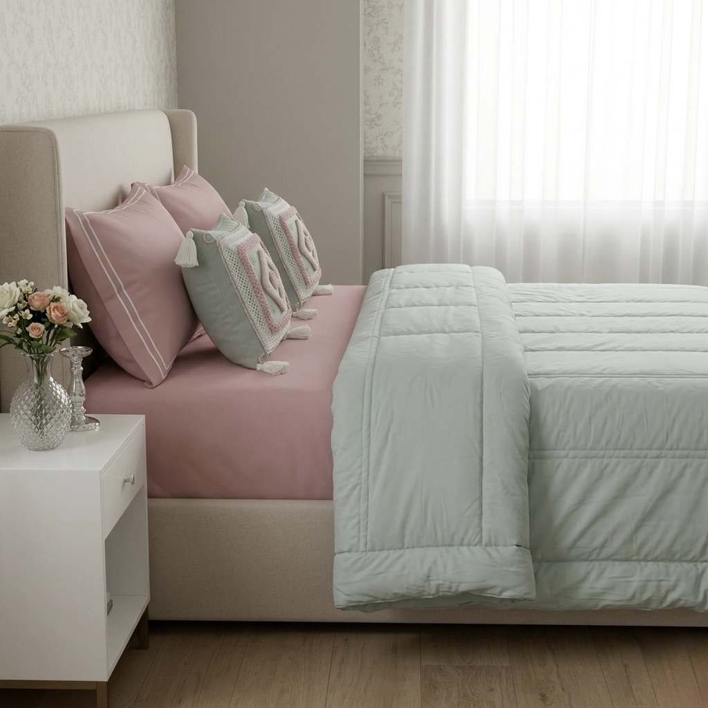 6 pcs Pastel Green Pink Bedding Set | Bedsheet, Comforter and Cushion Cover - Image 27