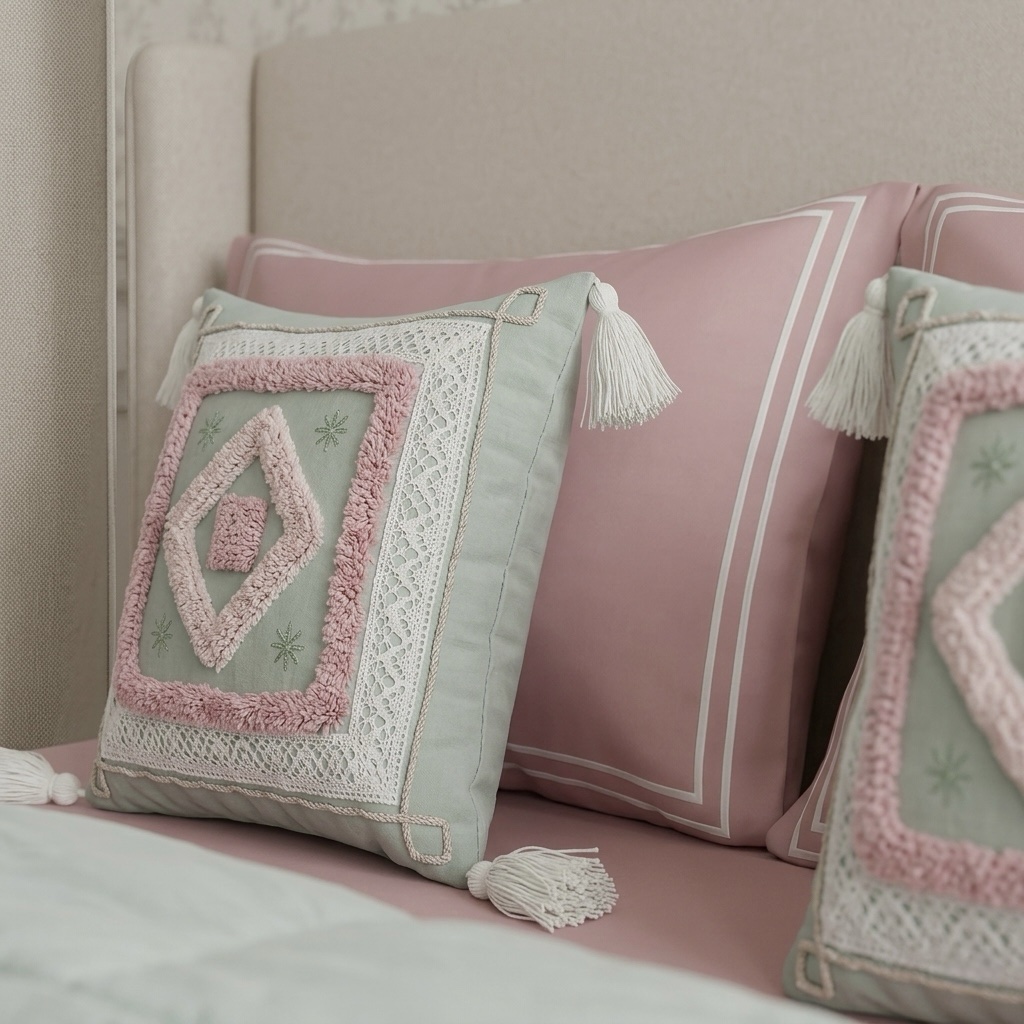 6 pcs Pastel Green Pink Bedding Set | Bedsheet, Comforter and Cushion Cover - Image 26