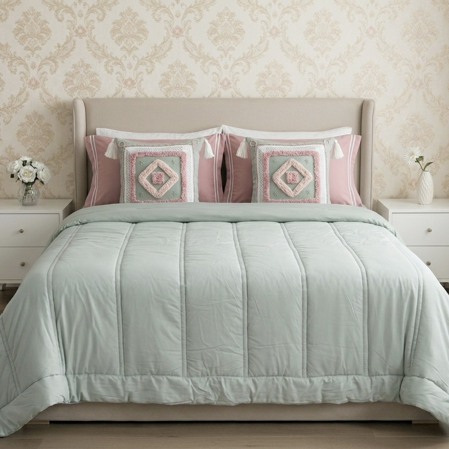 6 pcs Pastel Green Pink Bedding Set | Bedsheet, Comforter and Cushion Cover - Image 2