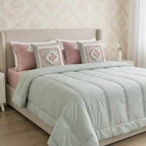 6 pcs Pastel Green Pink Bedding Set | Bedsheet, Comforter and Cushion Cover