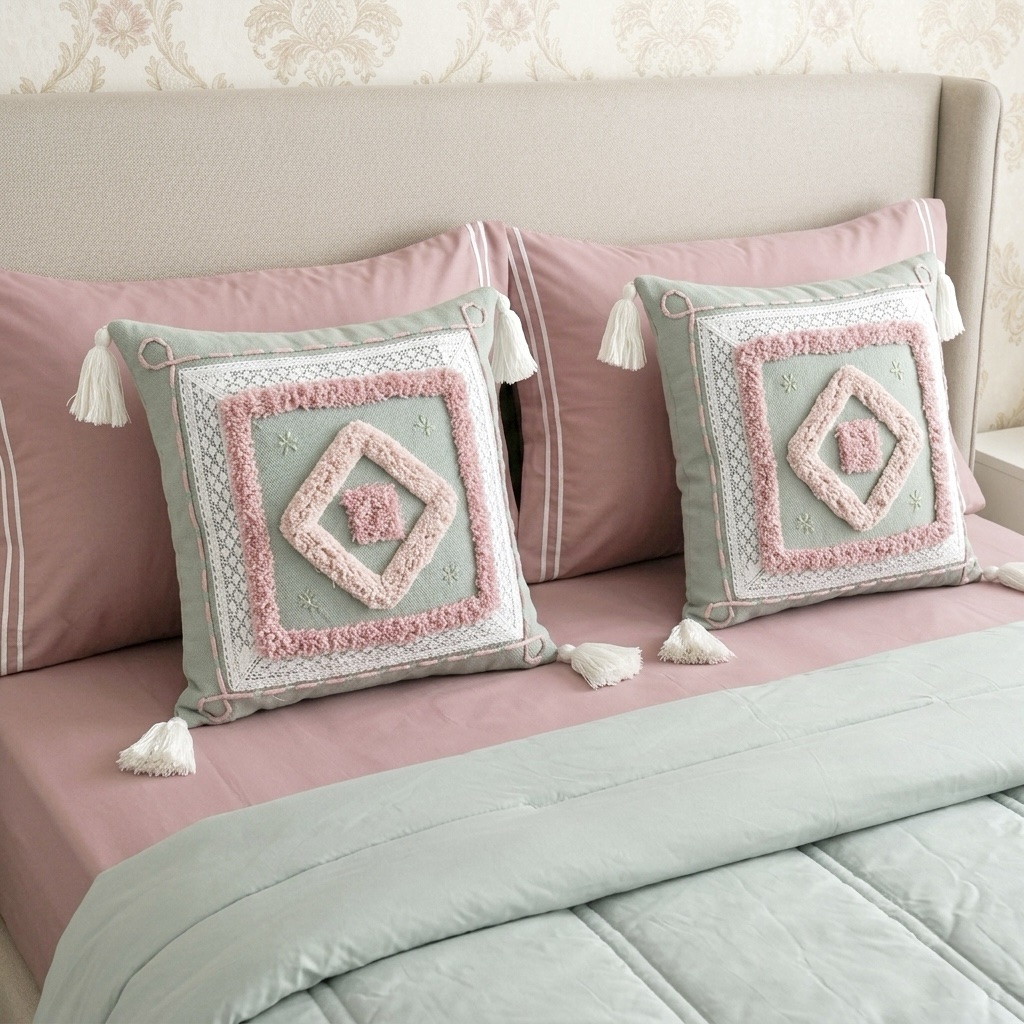 6 pcs Pastel Green Pink Bedding Set | Bedsheet, Comforter and Cushion Cover - Image 3