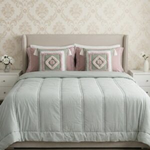 6 pcs Pastel Green Pink Bedding Set | Bedsheet, Comforter and Cushion Cover