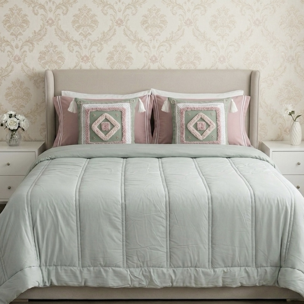 6 pcs Pastel Green Pink Bedding Set | Bedsheet, Comforter and Cushion Cover