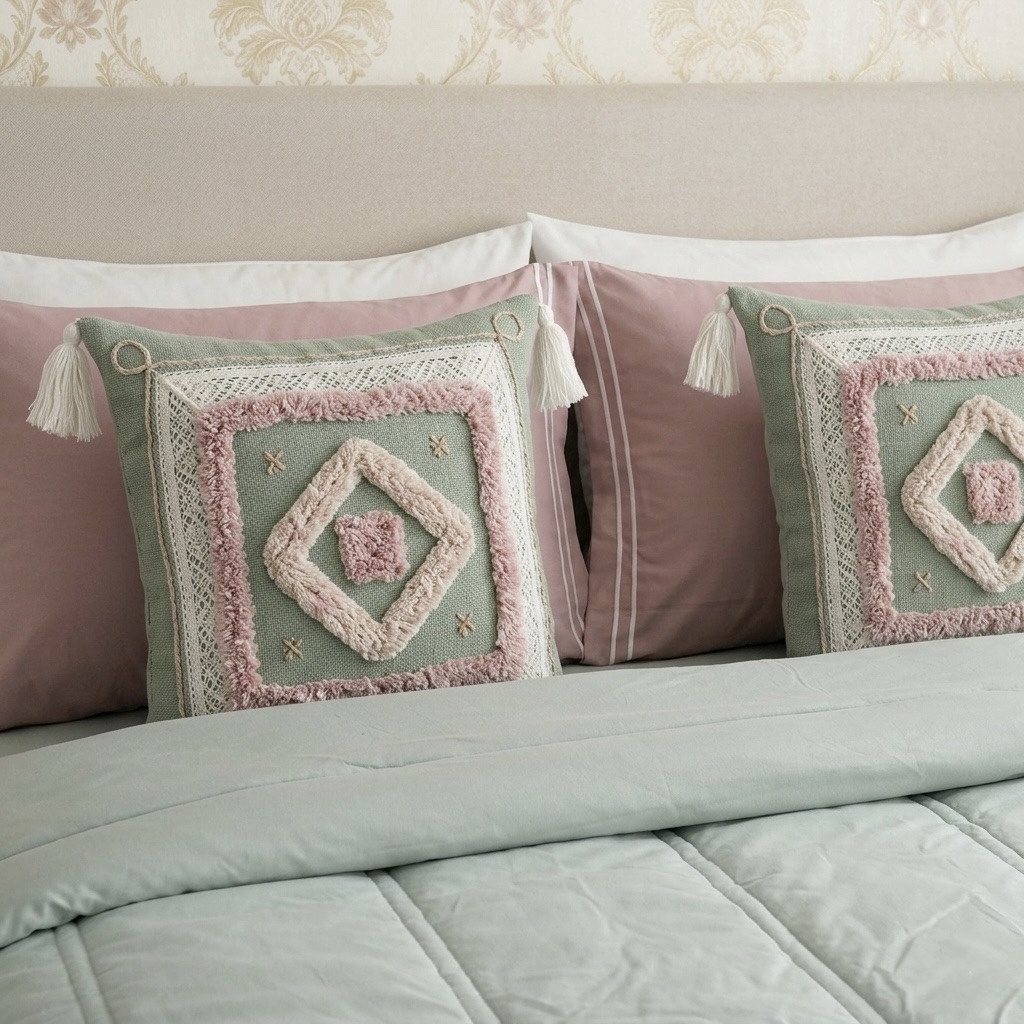 6 pcs Pastel Green Pink Bedding Set | Bedsheet, Comforter and Cushion Cover - Image 2