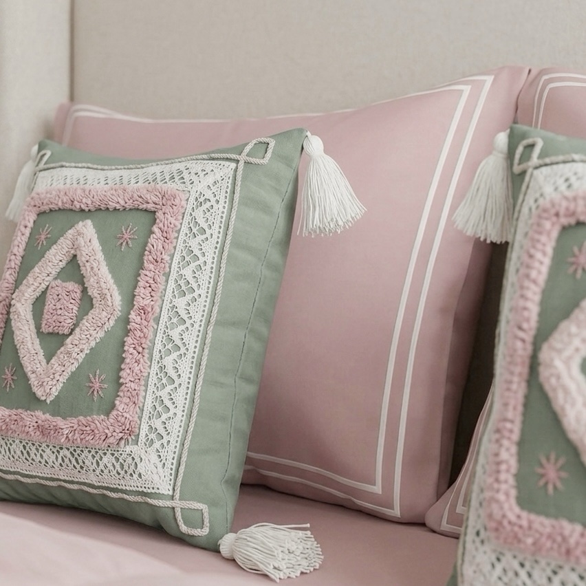 6 pcs Pastel Green Pink Bedding Set | Bedsheet, Comforter and Cushion Cover - Image 4