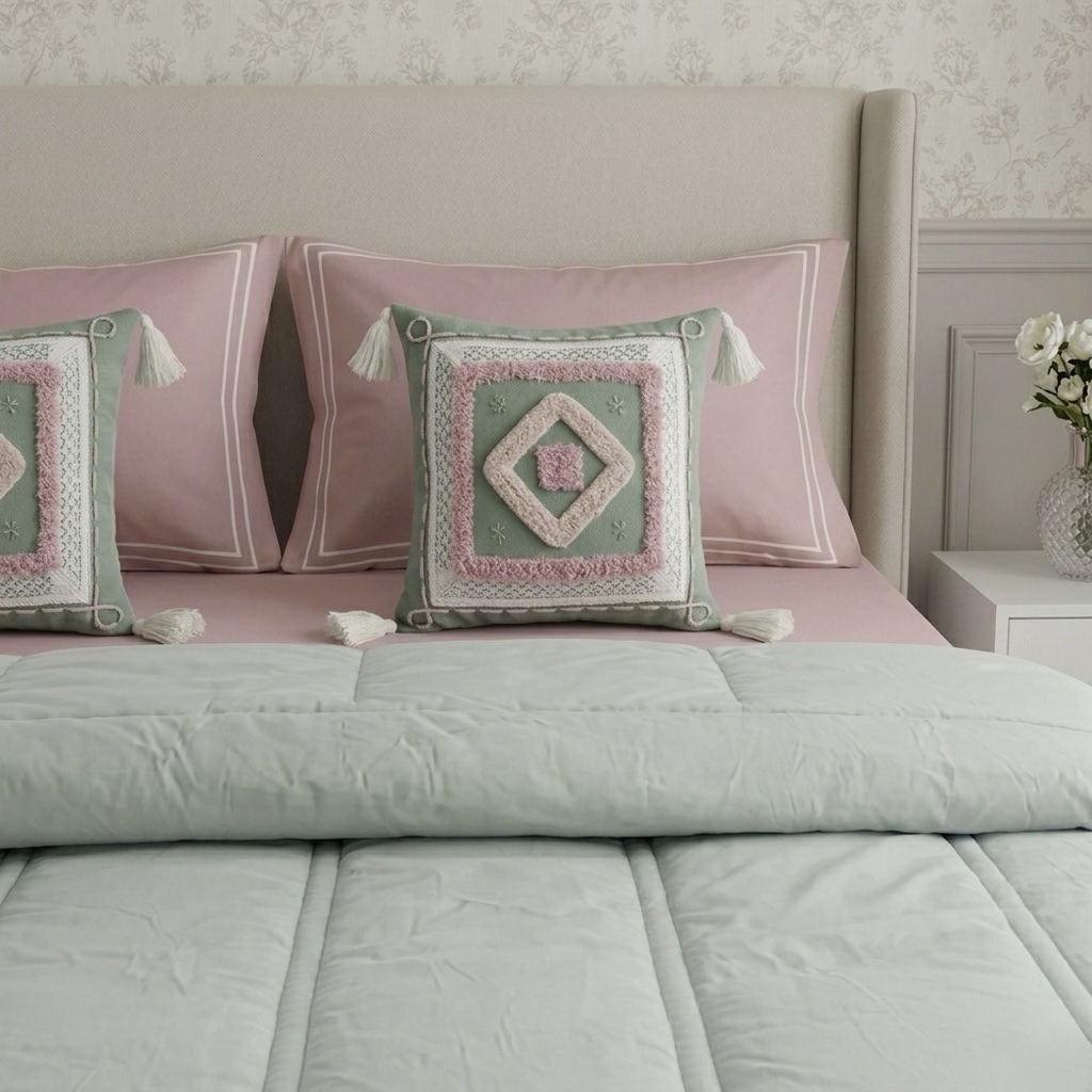6 pcs Pastel Green Pink Bedding Set | Bedsheet, Comforter and Cushion Cover - Image 5