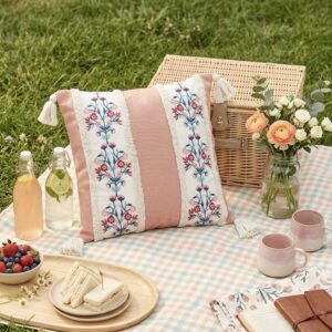 Pastel Pink floral embroidered cushion cover with tassel | 16” x 16”