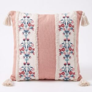 Pastel Pink floral embroidered cushion cover with tassel | 16” x 16”