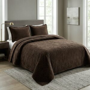Deep earthy brown Velvet Quilted Bedspread leaf pattern