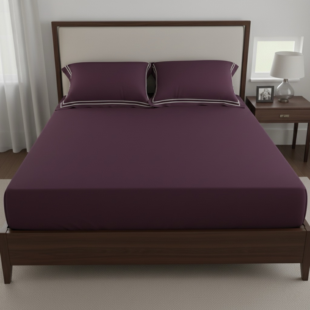 Plum 400 TC Bed Sheet with Double Merrow on 2 Pillow Covers - Image 3