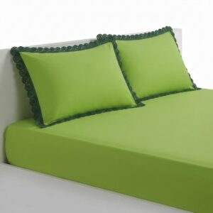 Parrot Green 400 TC Bed Sheet with Lace on 2 Pillow Covers