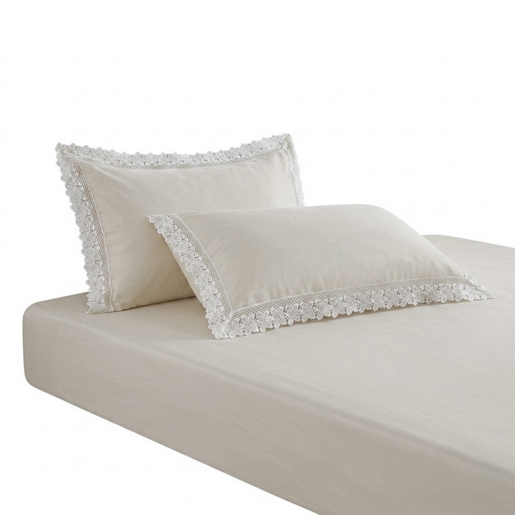 Cream 400 TC Bed Sheet with white Lace on 2 Pillow Covers - Image 2