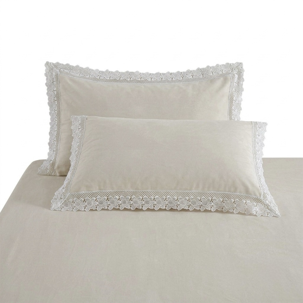 Cream 400 TC Bed Sheet with white Lace on 2 Pillow Covers - Image 3