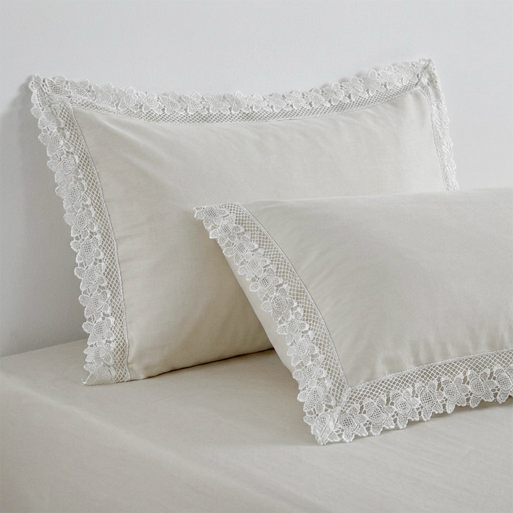 Cream 400 TC Bed Sheet with white Lace on 2 Pillow Covers - Image 5