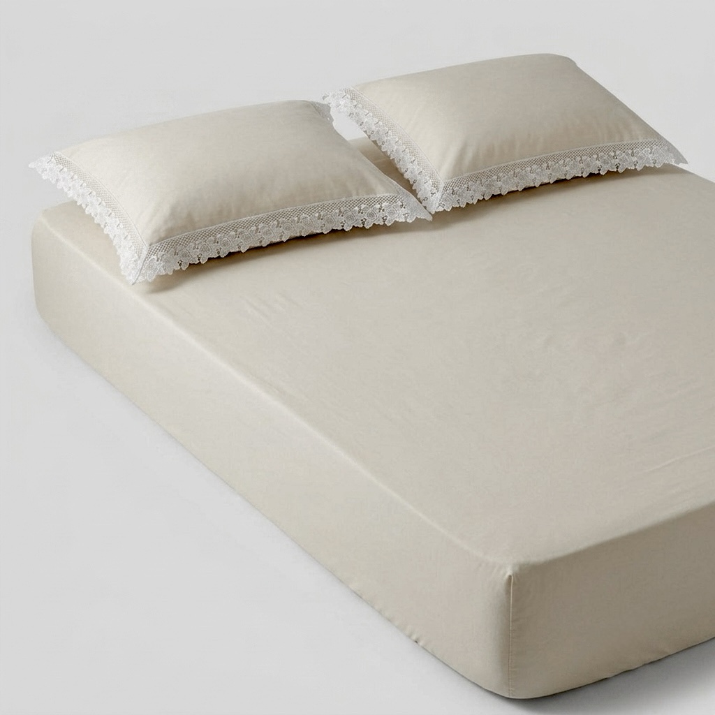 Cream 400 TC Bed Sheet with white Lace on 2 Pillow Covers