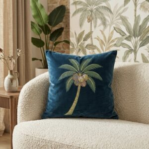 One Blue Tropical Theme Cushion Cover | 16” x 16” | Coconut embroidery