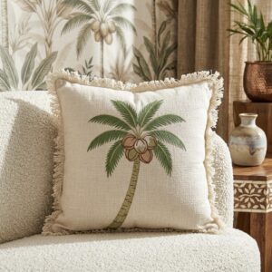 Cream Tropical Cushion Cover with Frills | 16 x 16” | Coconut Tree Embroidery