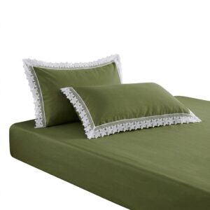 Olive Green 400 TC Bed Sheet with white Lace on 2 Pillow Covers