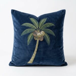 One Blue Tropical Theme Cushion Cover | 16” x 16” | Coconut embroidery