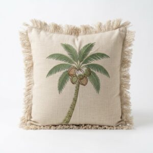 Cream Tropical Cushion Cover with Frills | 16 x 16” | Coconut Tree Embroidery
