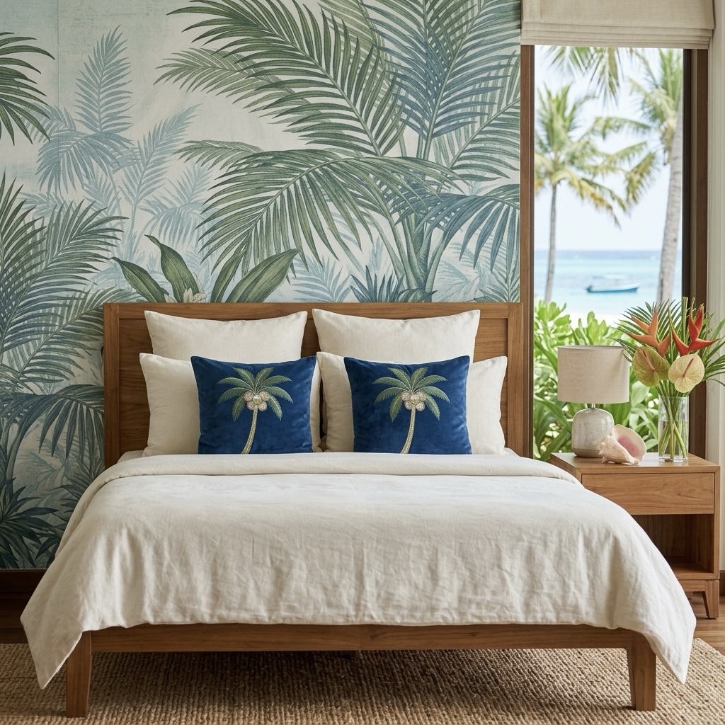 One Blue Tropical Theme Cushion Cover | 16” x 16” | Coconut embroidery - Image 6