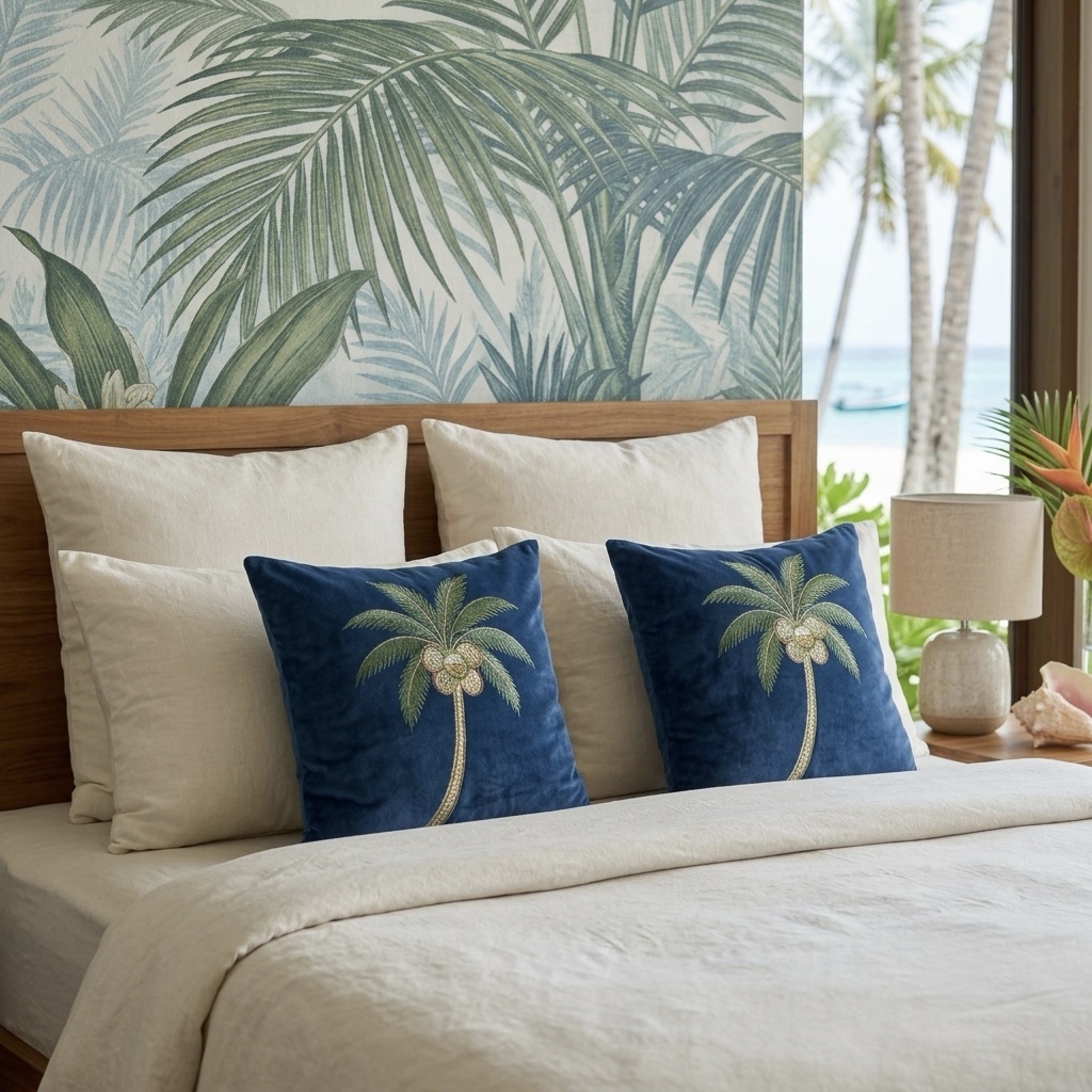 One Blue Tropical Theme Cushion Cover | 16” x 16” | Coconut embroidery - Image 5